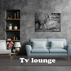 May include: A living room with a gray concrete wall, a blue sofa, a gray armchair, a wooden shelf with plants and decorative items, a floor lamp, a table lamp, a table with a clock, a vase with flowers, and a black and white canvas print of a rhinoceros with the text "30x40". The text "Tv lounge" is on the floor in front of the sofa.