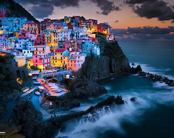 Night time in Manarola, Italy Canvas Print, Italy Home Decor, Italy Photography Wall Art, Italy Wall Decor, Cinque Terre Italy Canvas Print