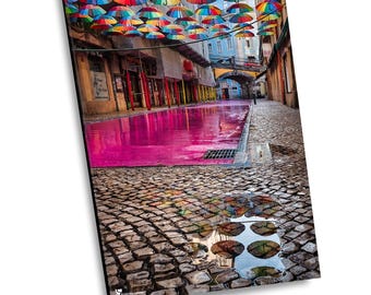 Pink Street Lisbon Photo, Colorful Umbrellas, Portugal Wall Art