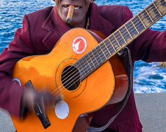 Man with a Cigar and Guitar, Cuban Photos, Cuba Photo, Havana Decor,  Fine Art Photography, Havana Streets, Havana Cuba Photo, Canvas Print