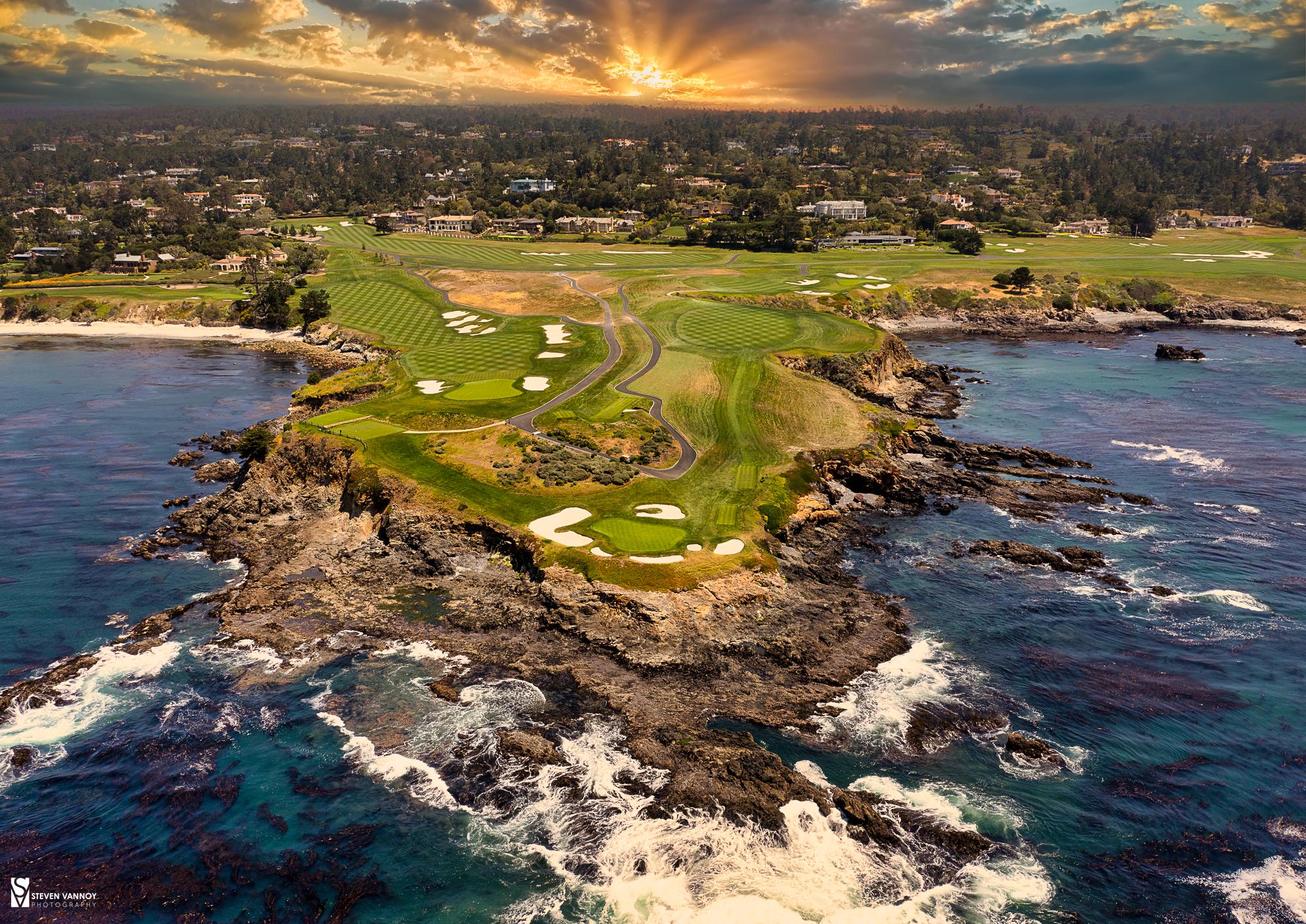 Pebble Beach 7th Hole Sunrise Aerial Photo Print, Coastal Golf