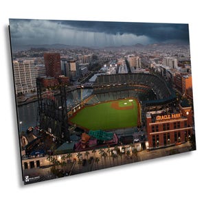 Oracle Park San Francisco Wall Art, Aerial SF Giants Baseball Stadium Photo Print, Stormy Sky Waterfront Ballpark Metal,Acrylic,Canvas Decor
