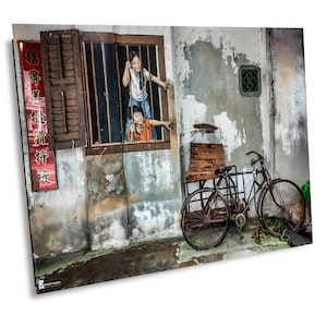 Penang Street Graffiti Wall Art, Malaysia Urban Mural with Bicycle, Southeast Asia Travel Photography, Wall Decor on Canvas, Metal, Acrylic