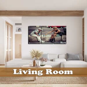 May include: A split canvas print of two men playing chess on a street in a city. The men are wearing casual clothing and are sitting on a concrete ledge. The print is in a living room setting with a couch and a coffee table.