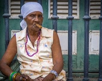 Cuba Photography, The Lady and Her Cigar Havana, Cuba Havana Decor,   Havana Streets, Havana Cuba Photo, Cigar, Canvas Print