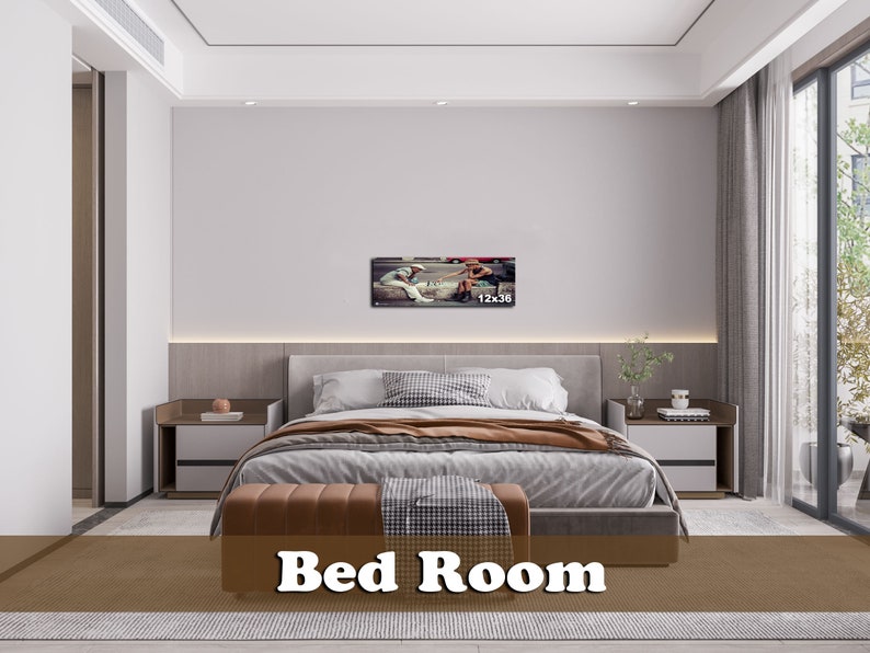 May include: A modern bedroom with a large bed, two nightstands, and a framed photograph of two people playing chess. The bed has a gray headboard and a brown and white patterned comforter. The nightstands are made of wood and have white drawers. The photograph is in a black frame and is hanging on the wall above the headboard. The room has a white ceiling and white walls. The floor is covered in a brown rug.