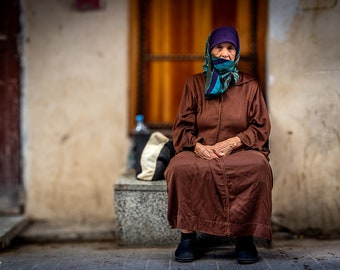 Old Lady in Fes Morocco, Morocco Photography, Canvas Wall Art, Travel Photography, Moroccan Home Decor, Africa Photography, Fes Medina