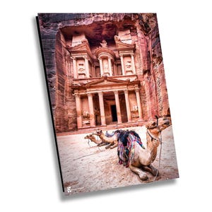 Jordan Photography, Camels at The Treasury Building Petra, Jordan Canvas Print, Petra Jordan, Travel Photography,  Wall Art, Petra Photo,