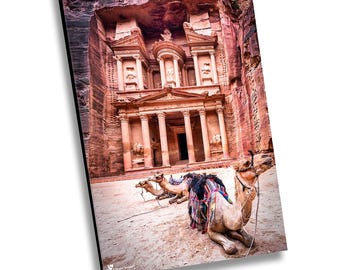 Fotografía de Jordania, Camellos en el edificio del Tesoro de Petra, Impresión en lienzo de Jordania, Petra Jordania, Fotografía de viajes, Arte mural, Fotografía de Petra,