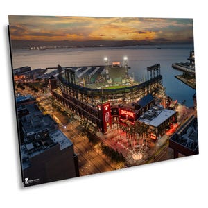 Dawn at Oracle Park Wall Art, San Francisco Giants Stadium Aerial Photo Print, Bay View Baseball Field Canvas, Metal, or Acrylic Decor