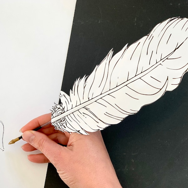 Feather Quill Pen Printable Activity Sheet (A4 PDF) - Template - Adult 3D Paper Craft - Teaching Resource - Vegan - Kids & Family Colouring