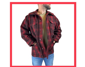 1970's - Red Wool Plaid Mackinaw Woolrich Hunting Field Jacket Size 40