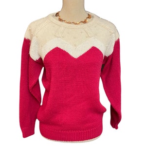 Angora Sweater 1980’s Rock&#39;abillky Colour Block with Pearl appliqué Fuchsia and Cream Jumper Vintager