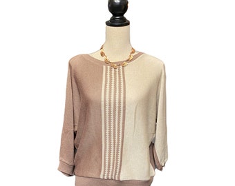 Vintage 80s Tope and Beige Boat Neck Knit light Sweater/ pullover Size Medium