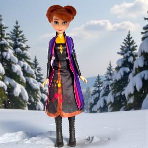 Close-up of Anna doll upper body showing black dress texture, gold leaf emblem, and cape lining