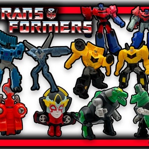 May include: A collection of Transformers toys, including Optimus Prime, Bumblebee, and Megatron. The toys are made of plastic and are brightly coloured. The toys are in various poses, some standing, some sitting, and some flying. The toys are all part of the Transformers franchise.