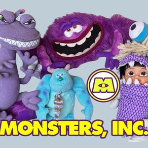 May include: A collection of plush toys from the Disney Pixar movie Monsters, Inc. The toys include Sulley, Mike Wazowski, Randall, and Boo. The toys are all purple, blue, and white.