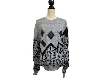 1980s Nordic Vintage Abstract Gray Black Jumper Geometric Crazy Pattern Sweater Long Sleeve Unisex Sweatshirt XL