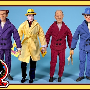 May include: Four Dick Tracy character action figures. Each figure is dressed in a different colored suit: purple, yellow, red, and blue. Each figure holds a small yellow booklet. The Dick Tracy logo is in the bottom left corner.