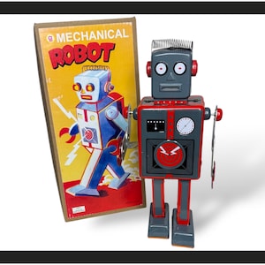 Jouet robot à remontage mécanique gris avec boîte d&#39;origine, reproduction antique