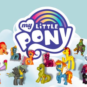May include: A collection of My Little Pony toys, including a unicorn, a pegasus, a dragon, and a few other ponies. The toys are all brightly coloured and have different designs. The toys are arranged in a circle on a white background. The My Little Pony logo is visible in the background.