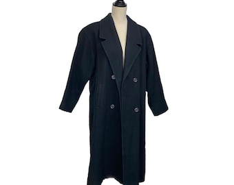 Vintage Massimo Black Wool Coat, Double Breasted, Pleated Back, L