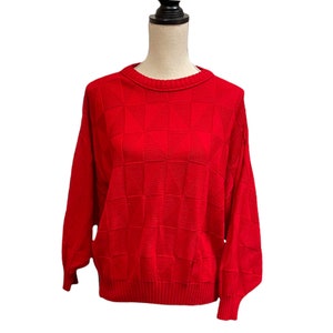 Vintage jaren 80 Retro Rood Getextureerde Gebreide Trui Crew Hals Pullover Trui Geometrische Lange Mouw Sweatshirt