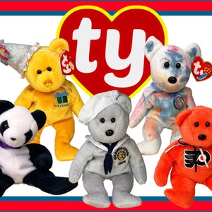 TY Beanie Baby Bears, You Pick, Fortune Panda, November Bear, Philadelphia Flyer, Color Me Beanie Bear, &  Ronnie the USA Sailor Bear