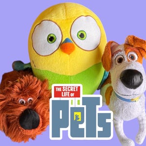 Op de afbeelding: Een verzameling knuffels met personages uit de film "The Secret Life of Pets". De knuffels omvatten een grote gele vogel, een bruine hond en een wit-bruine hond. De titel van de film wordt weergegeven in een rood-blauwe afbeelding.