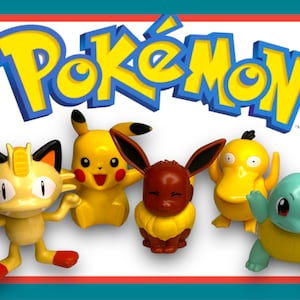 May include: A set of six Pokemon character figurines. The figurines are yellow, brown, blue, and orange. The characters are Pikachu, Eevee, Squirtle, and Meowth. The figurines are on a white background with the word "Pokemon" in yellow letters.