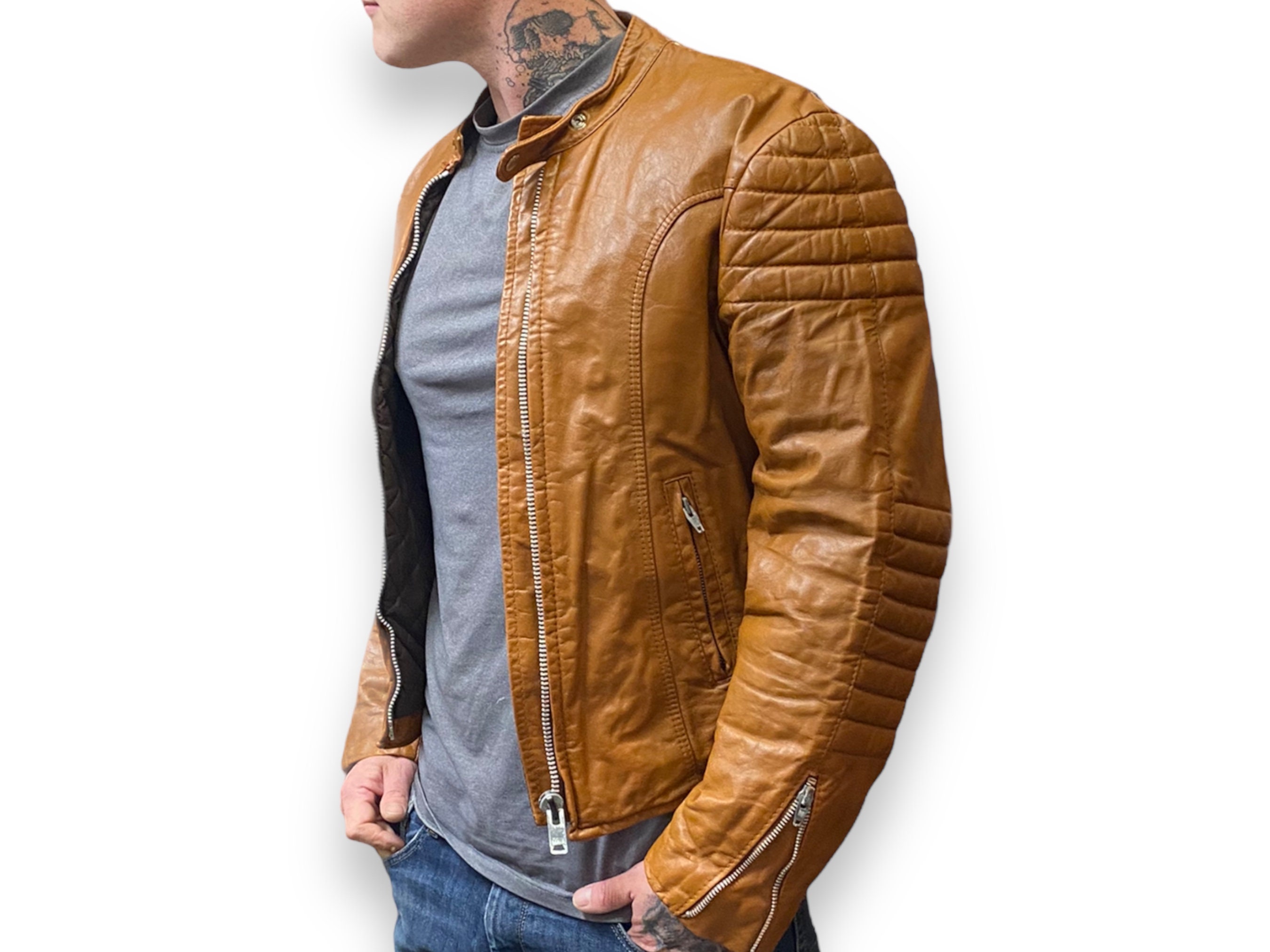 Classic Mens Armoured Vintage Motorcycle Jacket Hand Made Famous Bristol Leather Co. Caramel Quilted Leather Cafe Racer Montreal Made