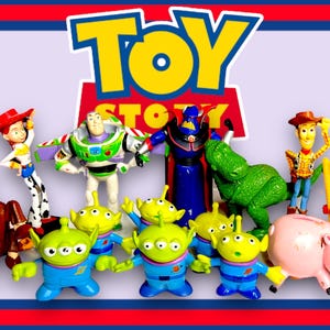 May include: A collection of Toy Story character figurines, including Woody, Buzz Lightyear, Rex, the Aliens, Hamm, and Zurg. The figurines are made of plastic and are brightly colored. The figurines are arranged in a group on a white background. The text "TOY STORY" is displayed in yellow letters on a blue background.