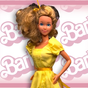 May include: A vintage Barbie doll with blonde hair and blue eyes wearing a yellow dress with a yellow belt. The background is pink with a repeating pattern of the word "Barbie" in white.