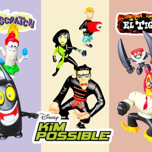 Op de afbeelding: Een verzameling speelgoedfiguren van de tekenfilmseries 'Catscratch', 'Kim Possible' en 'El Tigre'. De speelgoedfiguren zijn gemaakt van plastic en zijn felgekleurd. De speelgoedfiguren staan allemaal in verschillende poses en zijn klaar om mee te spelen.