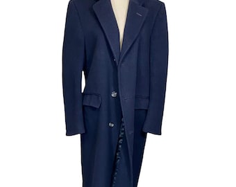 Vintage Wool and Cashmere Button Front Coat, Blue Classic Winter Minimalist Long Coat, Warm Collared Outwear Jacket Satin lined, Mens Large