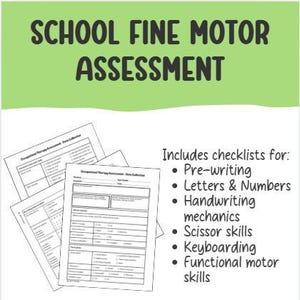 Puede incluir: Formularios de listas de verificación imprimibles en blanco y negro para evaluar las habilidades motoras finas en la escuela. La lista de verificación incluye secciones para la preescritura, las letras y los números, la mecánica de la escritura, las habilidades con las tijeras, la mecanografía y las habilidades motoras funcionales. El texto "Evaluación de la motricidad fina en la escuela" está en la parte superior de la página.