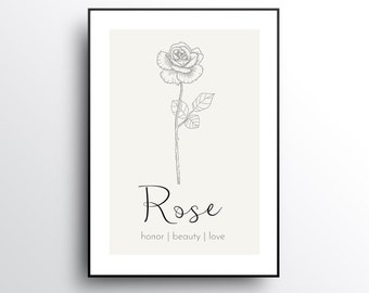 Rose June Birth Month Flower Drawing DIGITAL DOWNLOAD, Botanical Illustration, Simple Minimal Home Deco, Wall Art