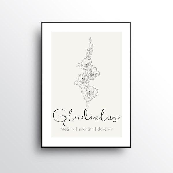 Gladiolus August Birth Month Flower Drawing DIGITAL DOWNLOAD, Botanical Illustration, Simple Minimal Home Deco, Wall Art