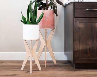 Mid Century Modern Indoor Plant Stand - Tall Indoor Wood Plant Stand