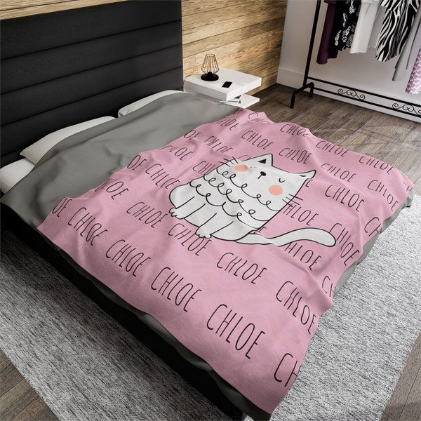 Personalized Name Cat Lovers Pink Cozy Velveteen Plush Blanket | Hunting Christmas Birthday Gift Ideas | New Born Baby Reveal Shower Gifts