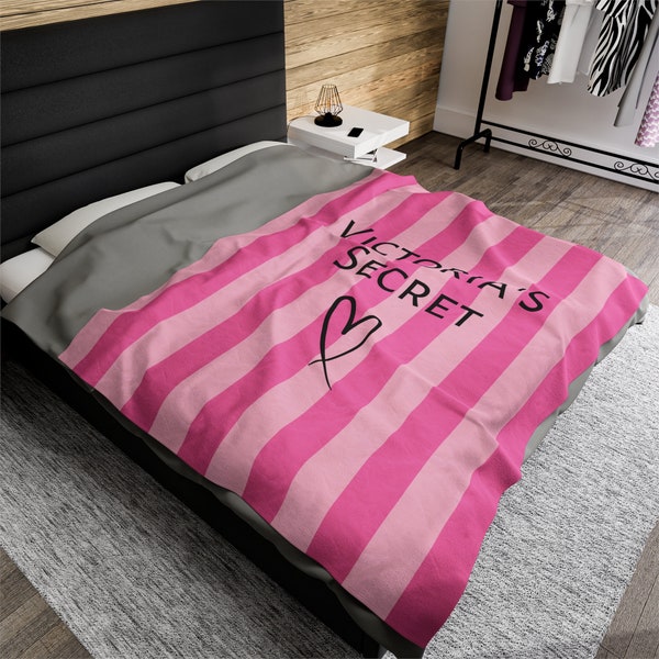 Personalized Name Pink VS Victoria Secret Velveteen Plush Blanket | Portable Travel Flight Vacation Item | Hunting Birthday Christmas Gifts