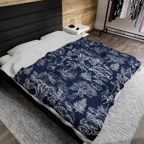 Toile De Jouy French Nature Seamless Pattern Fashion Velveteen Plush Blanket | Luxury Navy Blue Bedding Room Decor | Birthday Christmas Gift