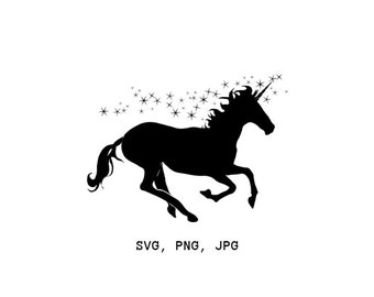 Puede incluir: Silueta negra de un unicornio corriendo con un cuerno y estrellas arriba.