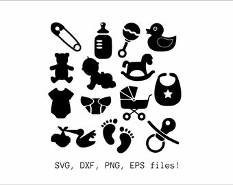 May include: Black and white silhouette icons of baby items, including a teddy bear, a baby bottle, a rattle, a rocking horse, a pacifier, a diaper, a baby carriage, a pin, a bib, a onesie, and footprints. The text "SVG, DXF, PNG, EPS files!" is at the bottom of the image.