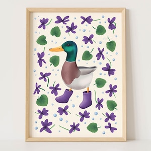 Duck in Boots Art Print - Quirky Duckling Illustration, Violet Spring Decor, Whimsical Digital Toddler Wall Art, Nursery Printables