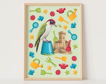 Woodpecker's Beach Day - Playful Sandcastle Art Print, Digital Summer Wall Decor