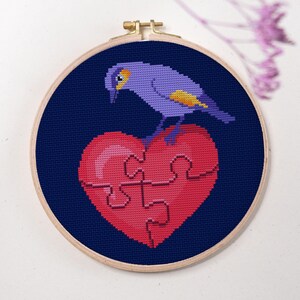 Purple Bird on Heart Counted Cross Stitch Pattern PDF | 15 Color DMC Chart