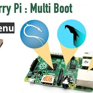 Puede incluir: Una placa de computadora Raspberry Pi con una placa de circuito verde y un puerto Ethernet blanco. La placa está conectada a tres sistemas operativos diferentes: una pantalla azul con un dragón blanco, una pantalla azul con un pájaro blanco y una pantalla azul con una rosa blanca. El texto "Raspberry Pi: Multi Boot" está en la parte superior de la imagen. El texto "Boot Menu" está en la esquina superior izquierda de la imagen. El texto "raspberry Pi" está en la esquina inferior derecha de la imagen.