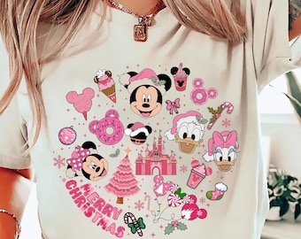 Pink Disney Christmas Shirt Merry Christmas Gift for Disney Lovers Disney Christmas Sweatshirt for Girls Pink Disney Tee for Holiday Parties