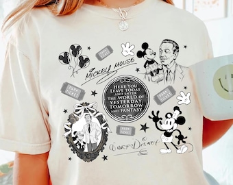 Maglietta vintage di Walt Disney e Topolino, maglietta con citazione Disney in bianco e nero, maglietta "Here You Leave Today" di Disneyland, maglietta retrò Disney